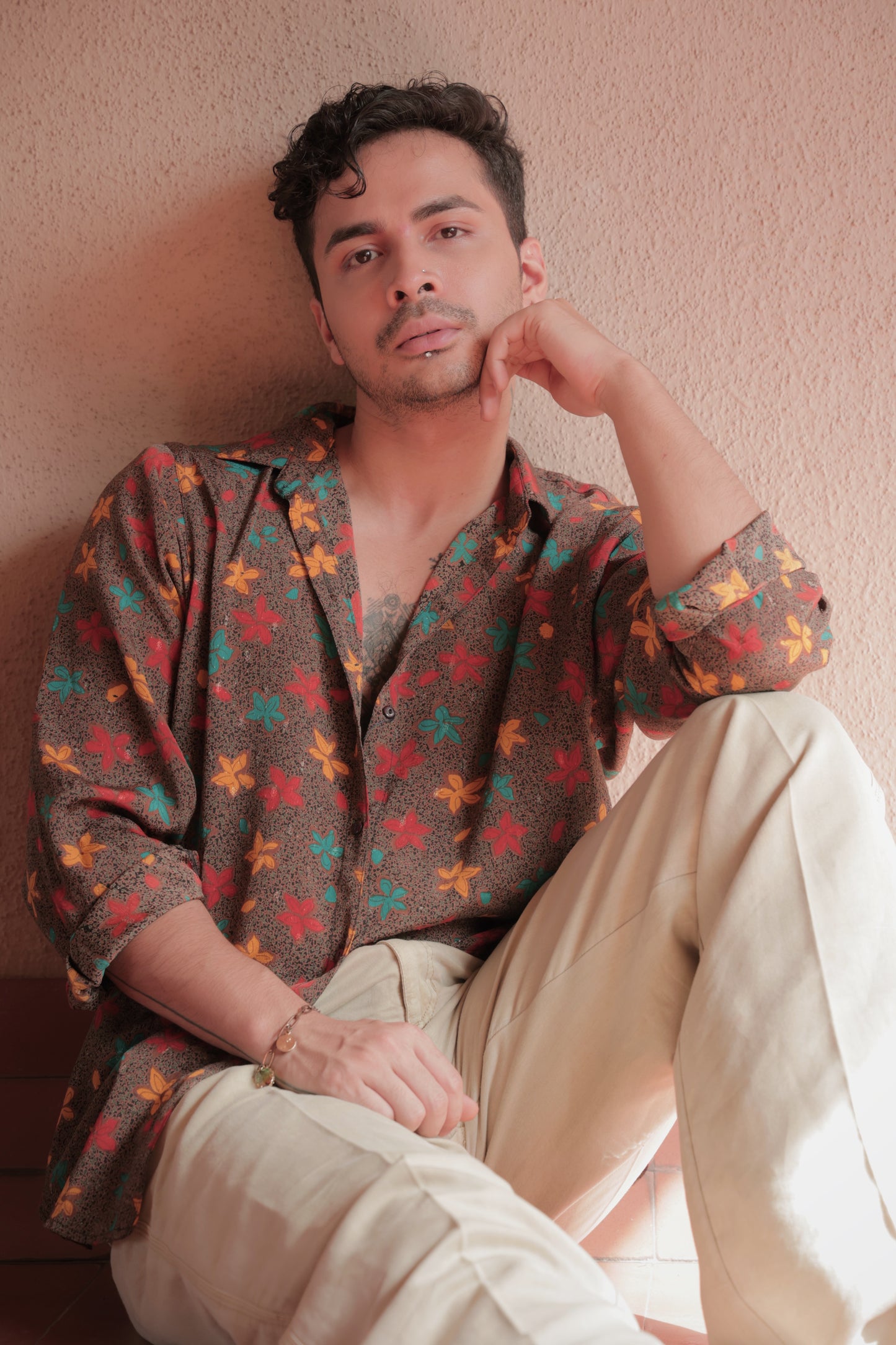 Brown printed button-up shirt