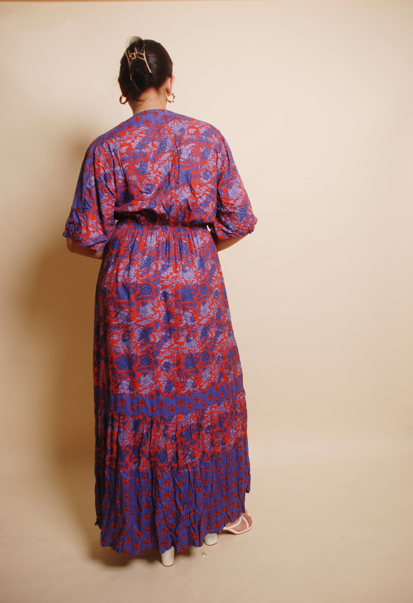 Blue & red floral maxi tiered dress