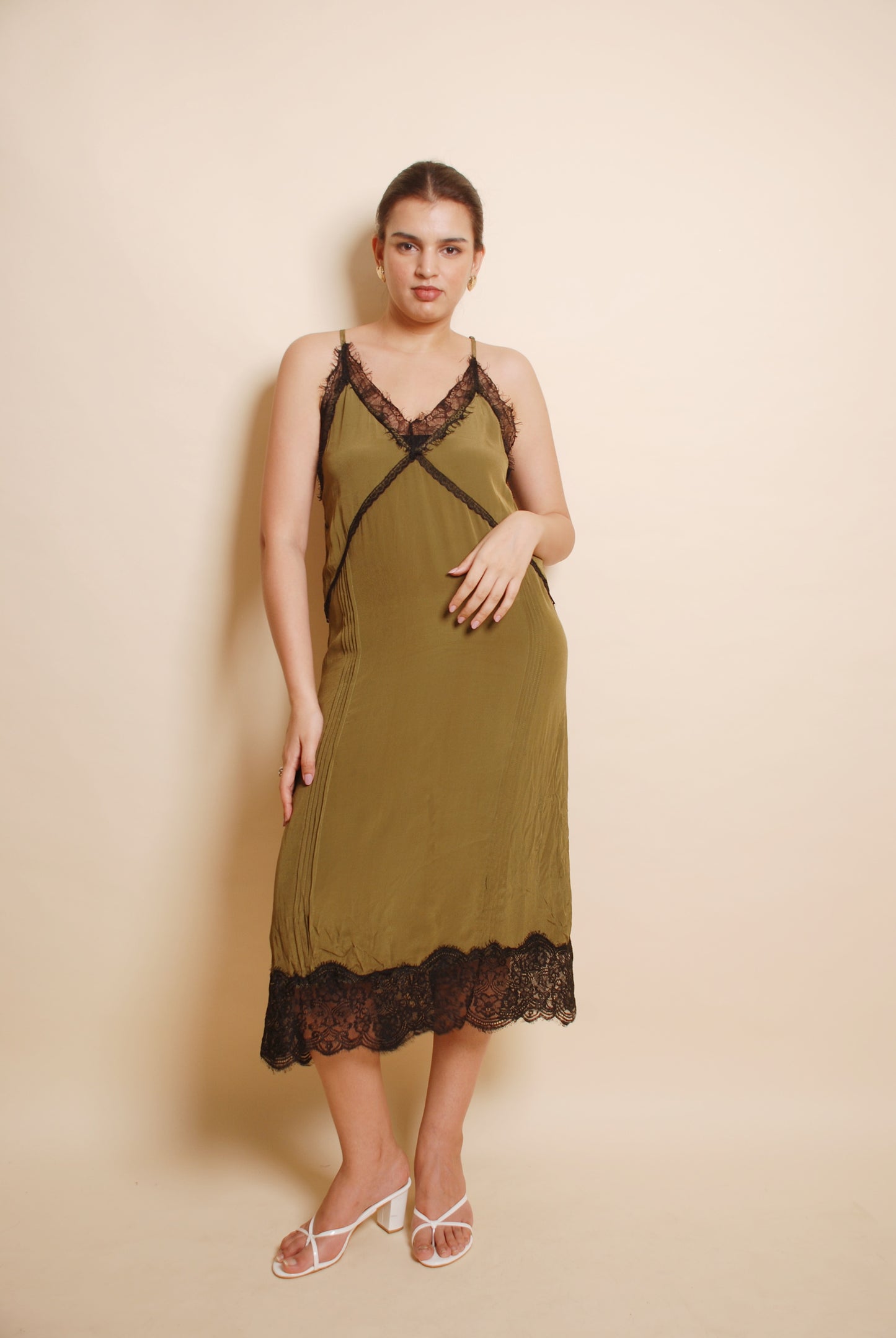 Olive lace midi dress