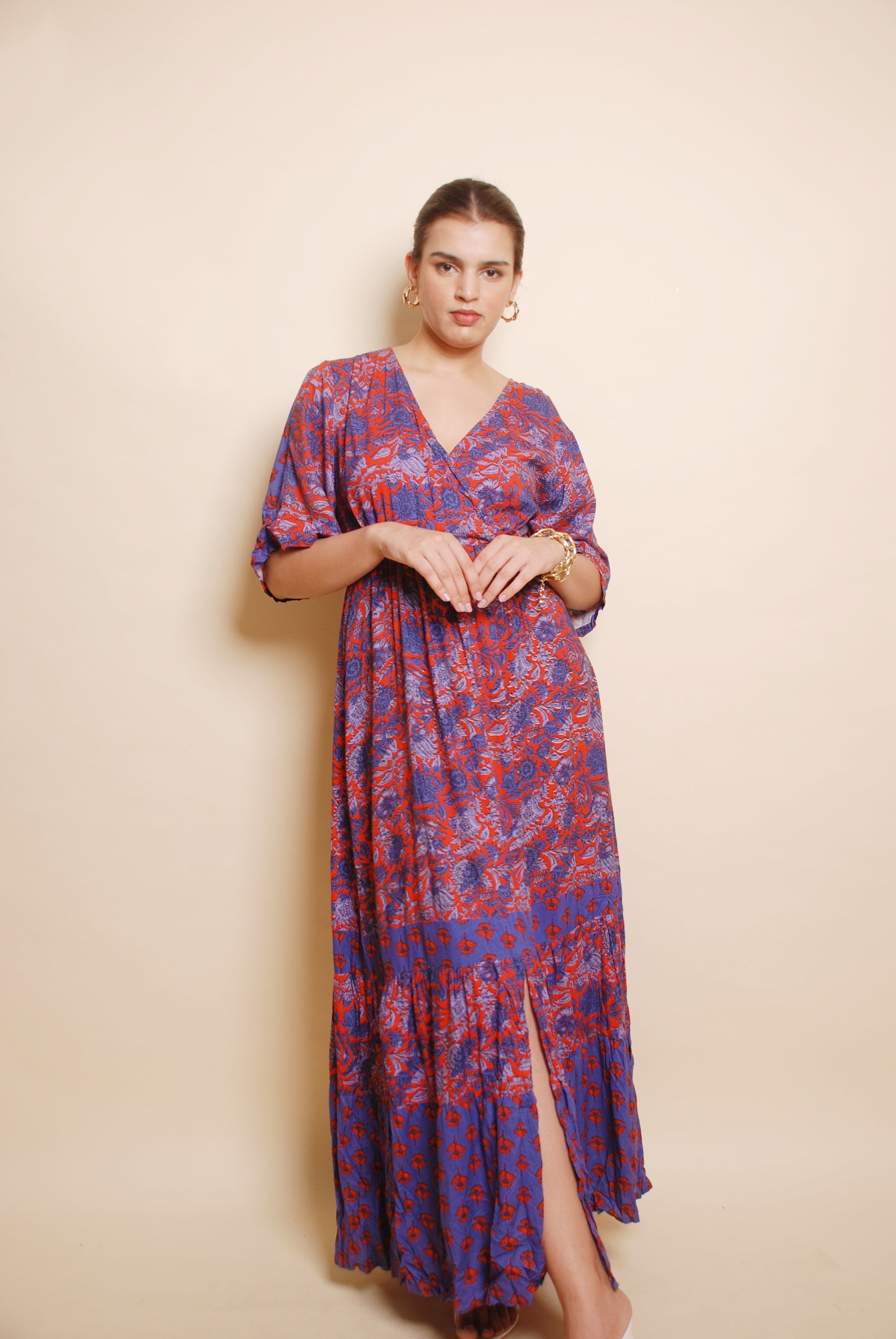 Blue & red floral maxi tiered dress