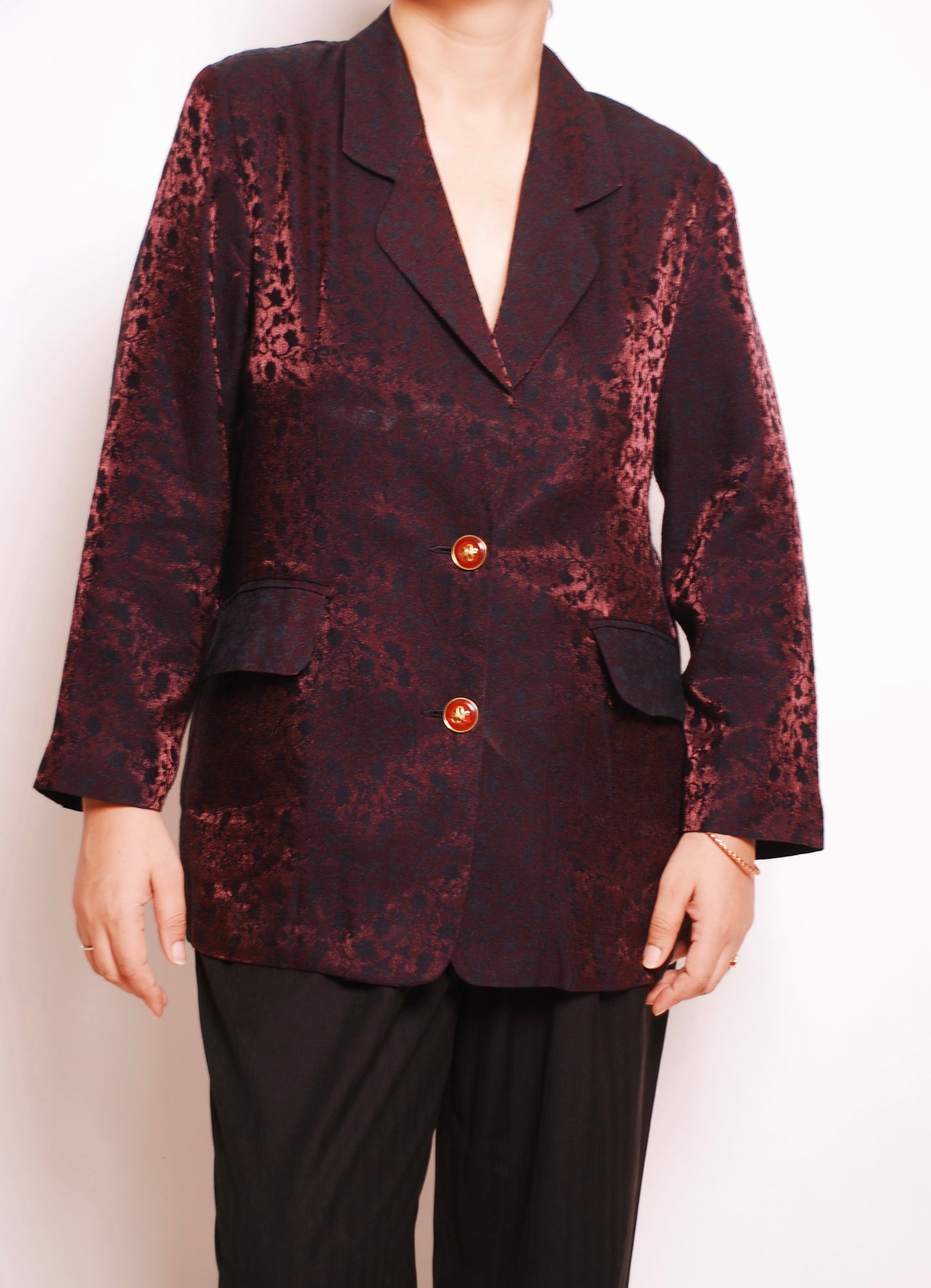 Vintage metallic maroon floral blazer