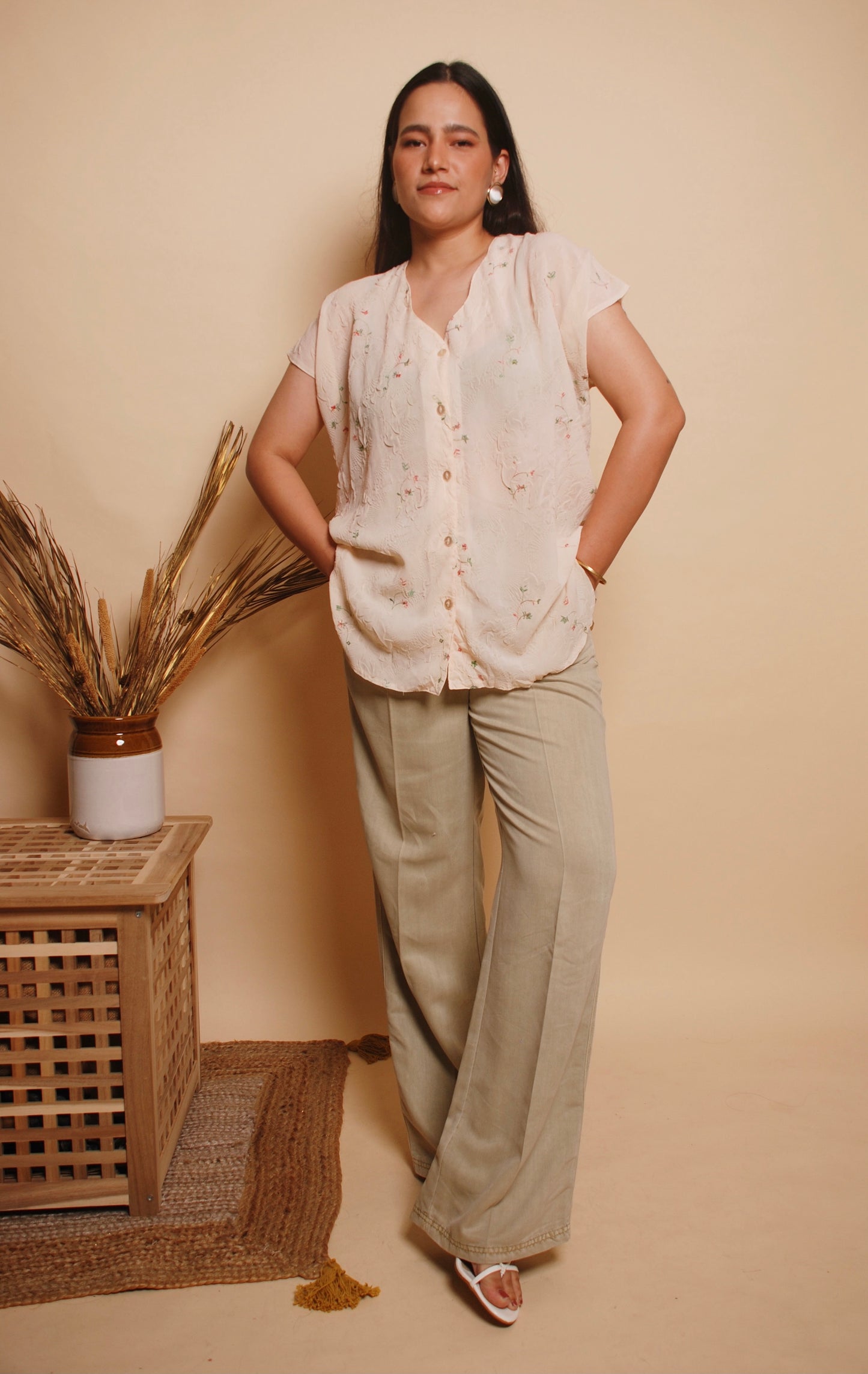 Cream floral textured top