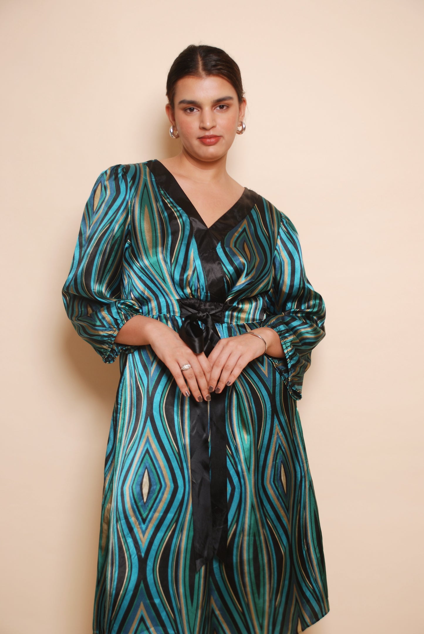 Vintage emerald green printed fit & flare midi dress