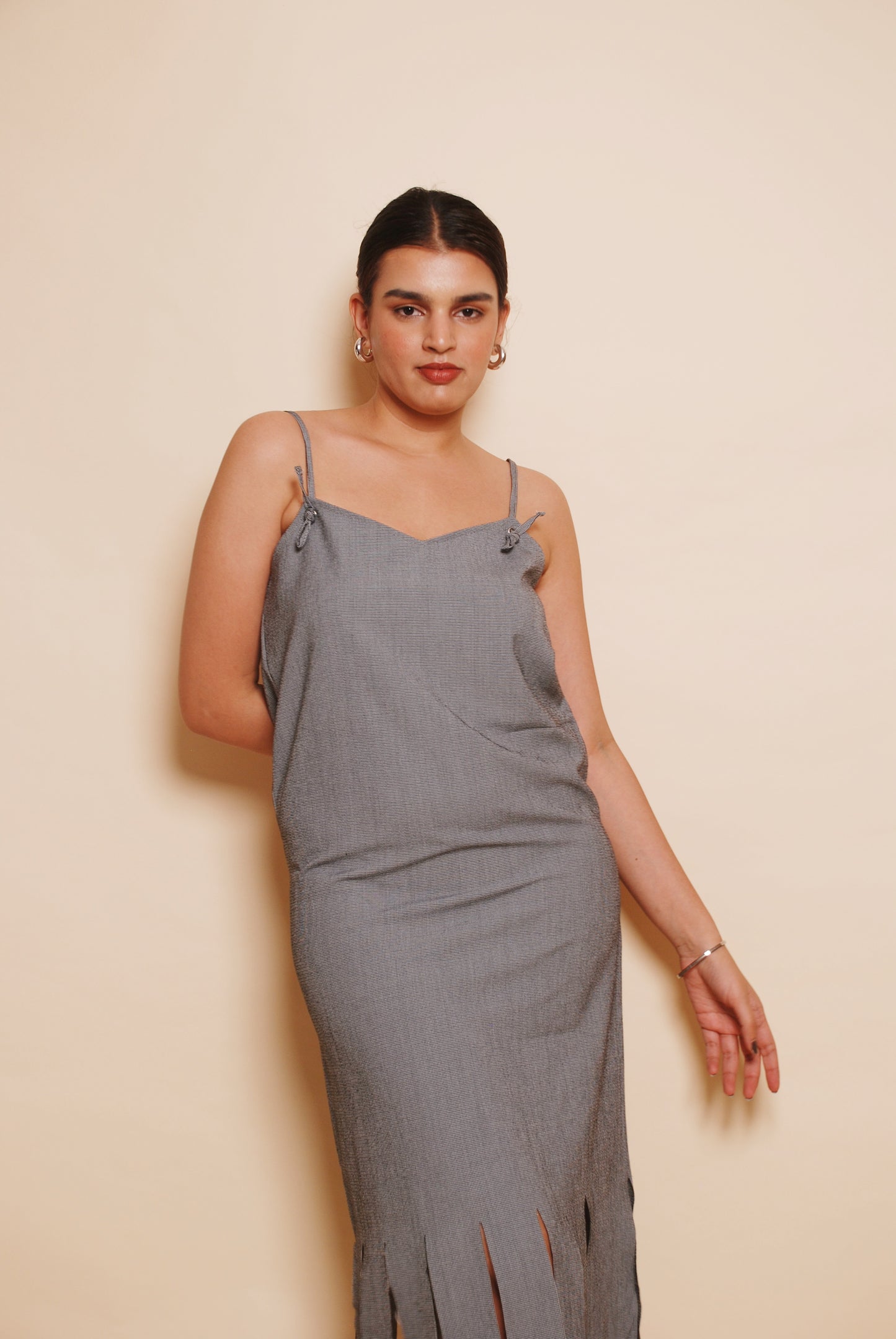 Grey checkered midi dress with cutout detailing
