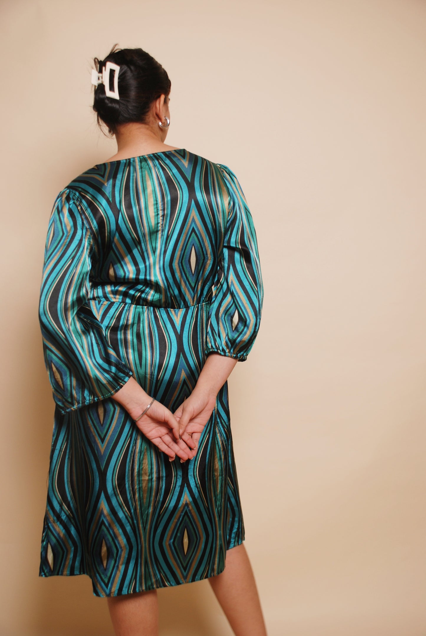 Vintage emerald green printed fit & flare midi dress