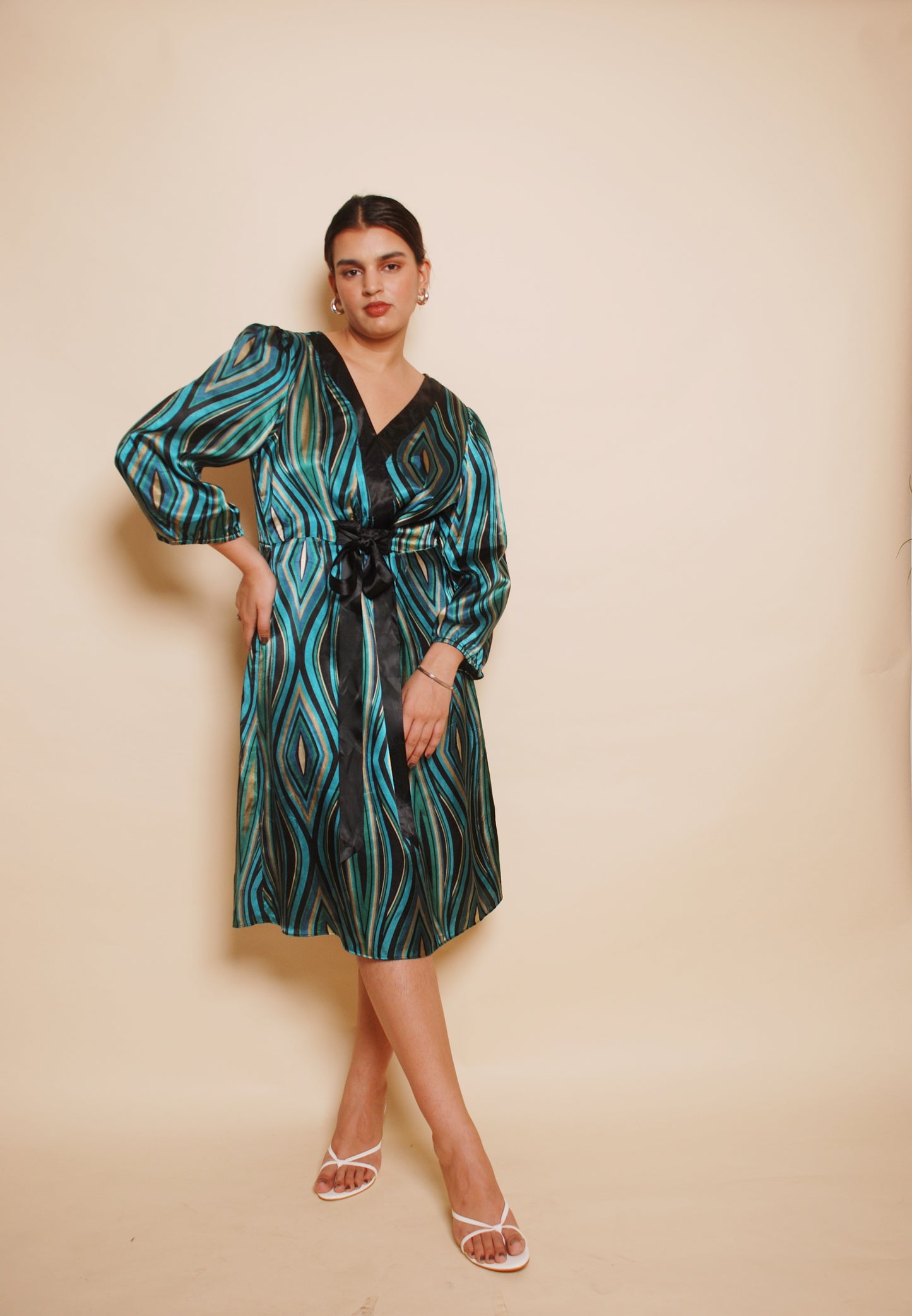 Vintage emerald green printed fit & flare midi dress