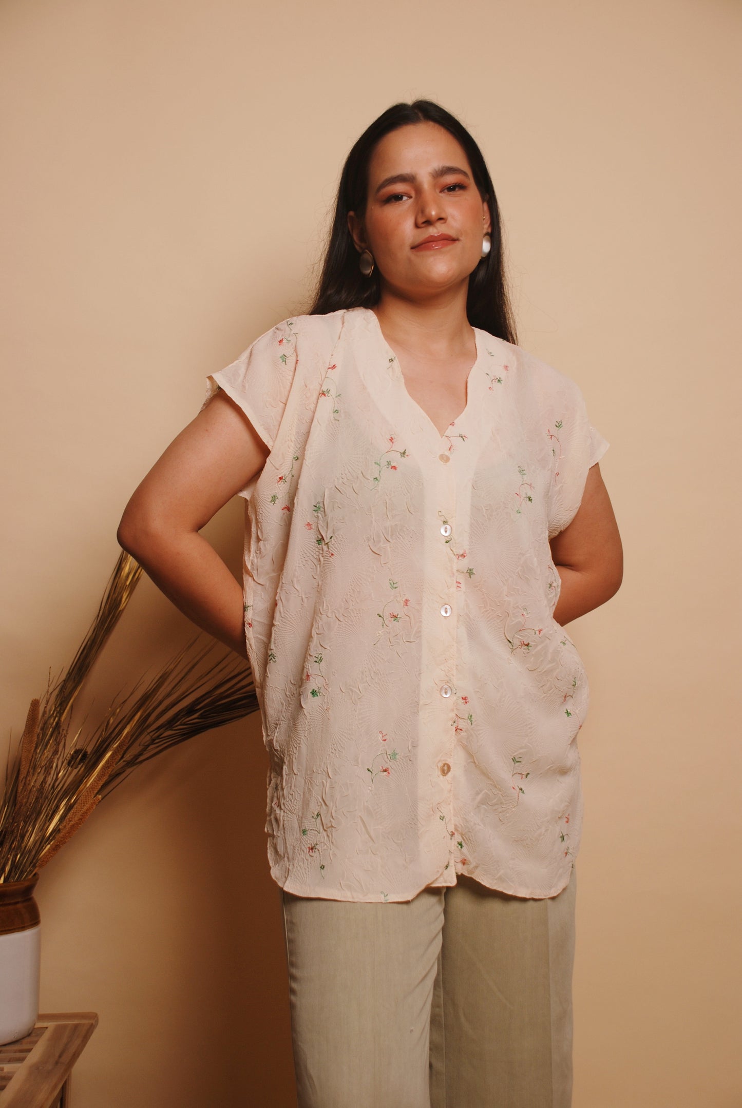Cream floral textured top