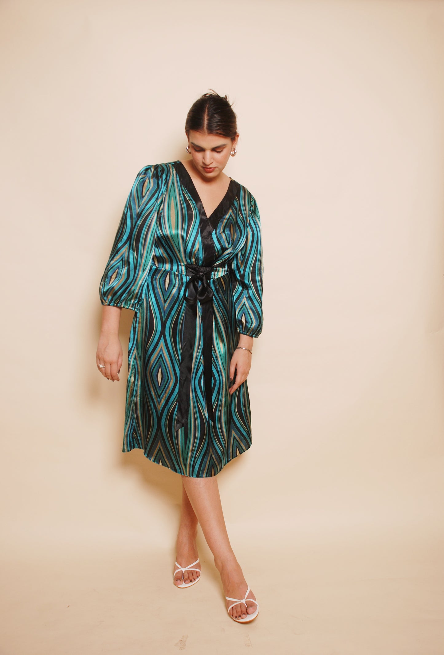 Vintage emerald green printed fit & flare midi dress