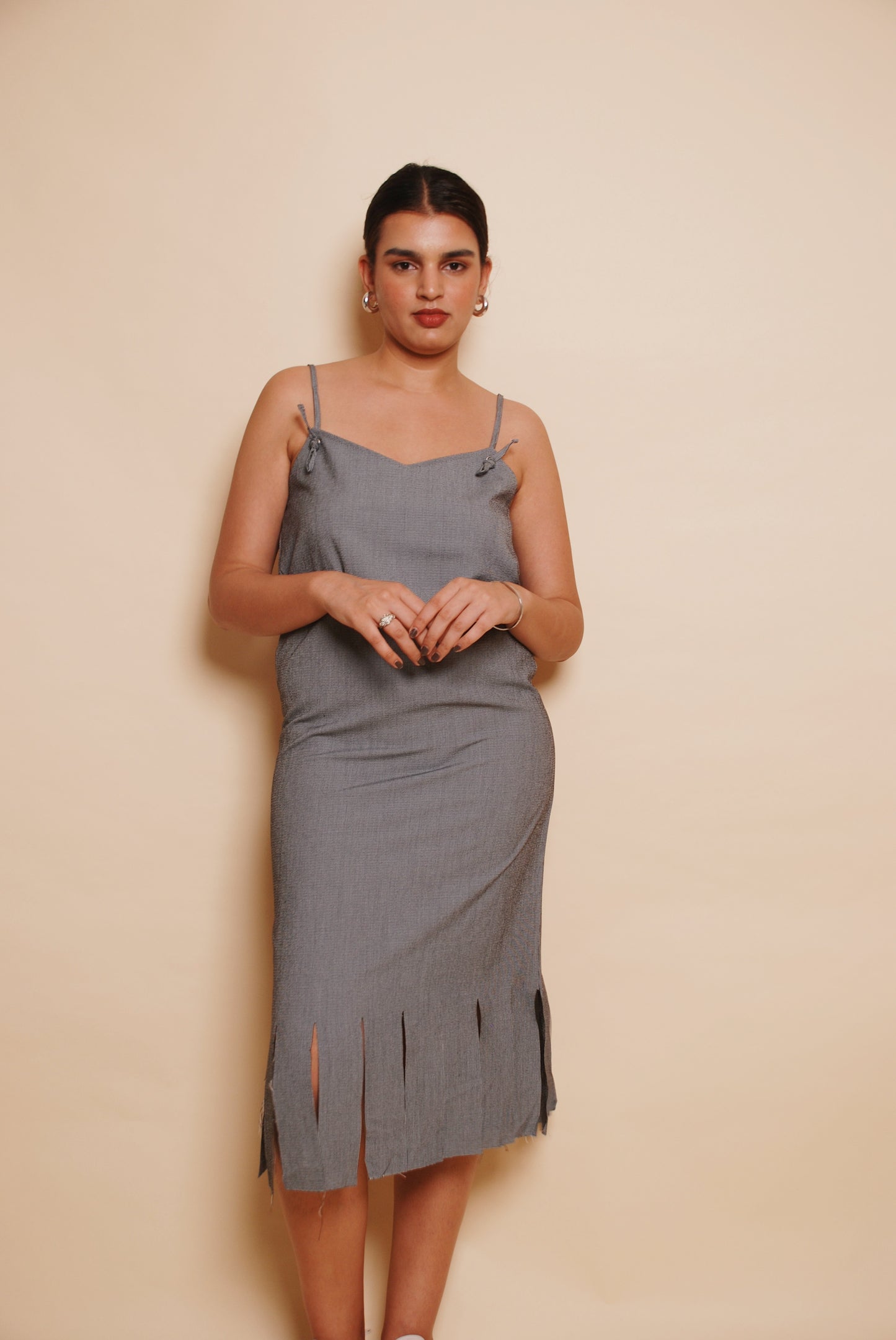 Grey checkered midi dress with cutout detailing