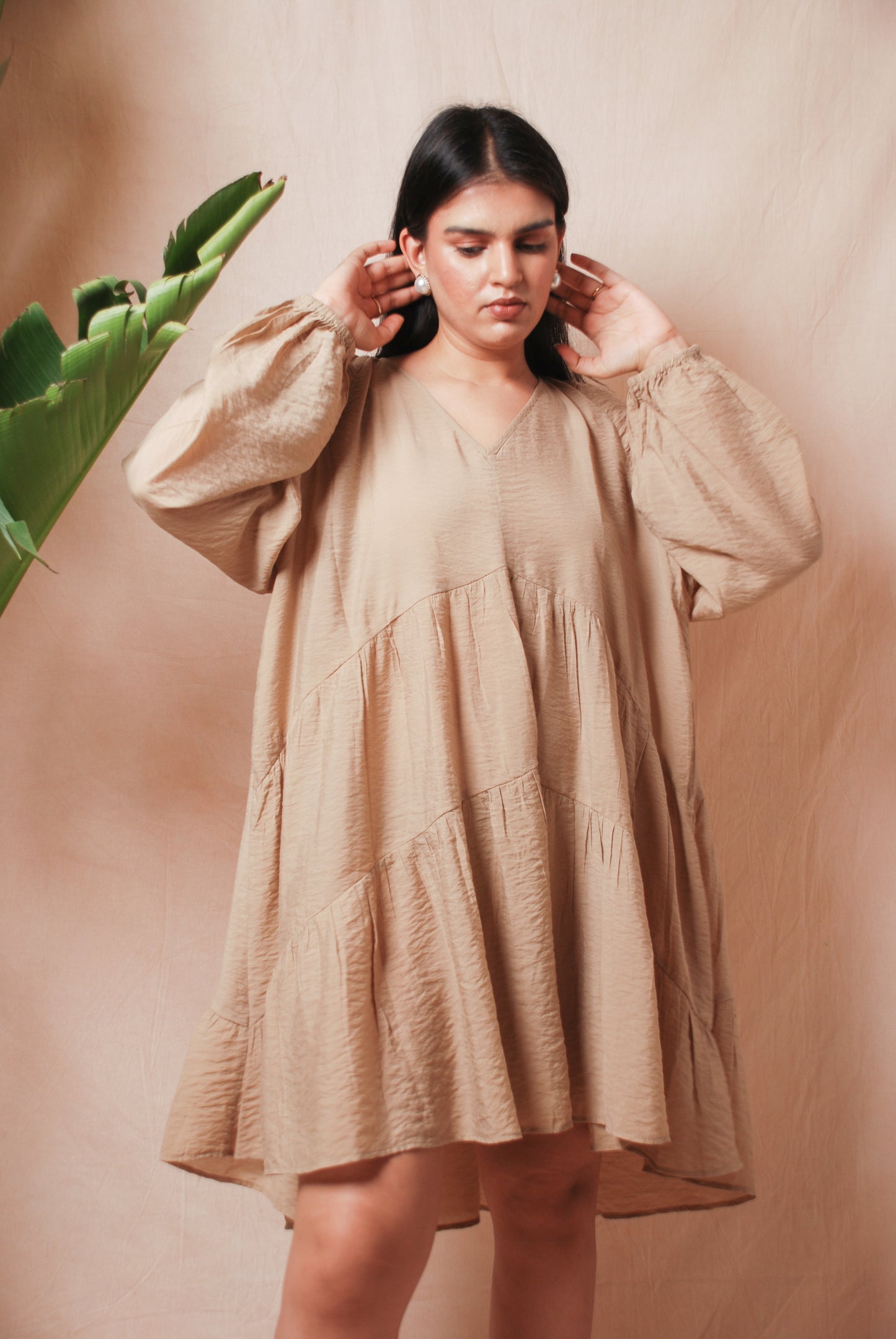 Beige flared tiered dress