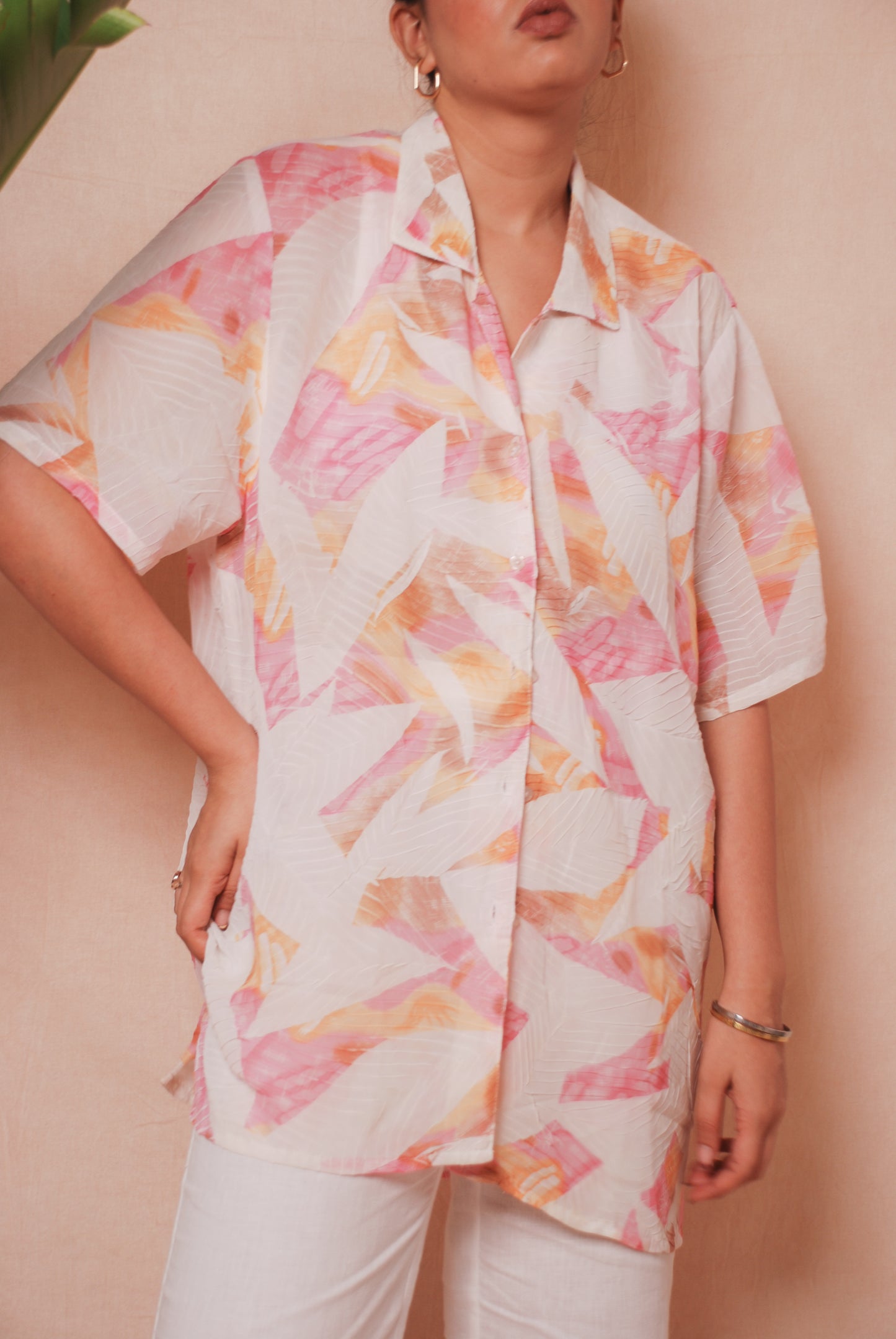 White & pink textured resort shirt
