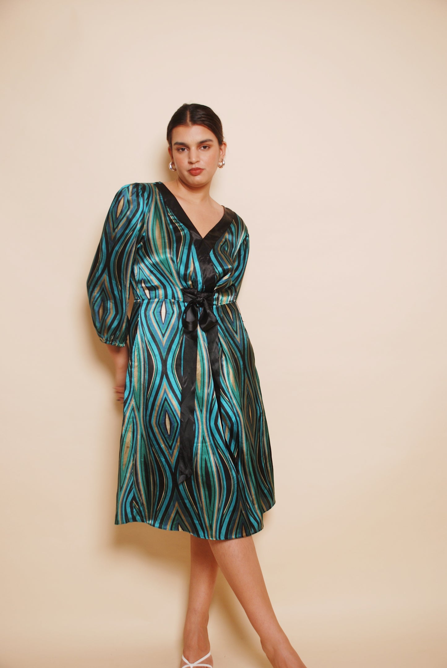 Vintage emerald green printed fit & flare midi dress