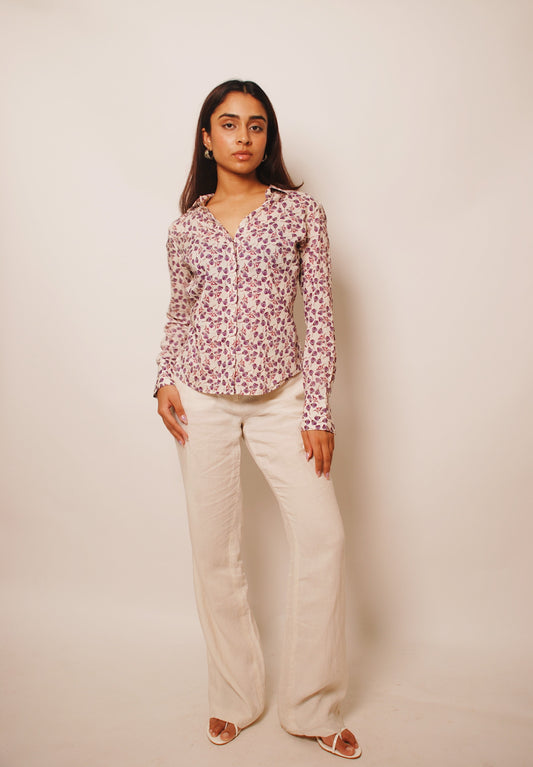 White floral cotton button-up shirt