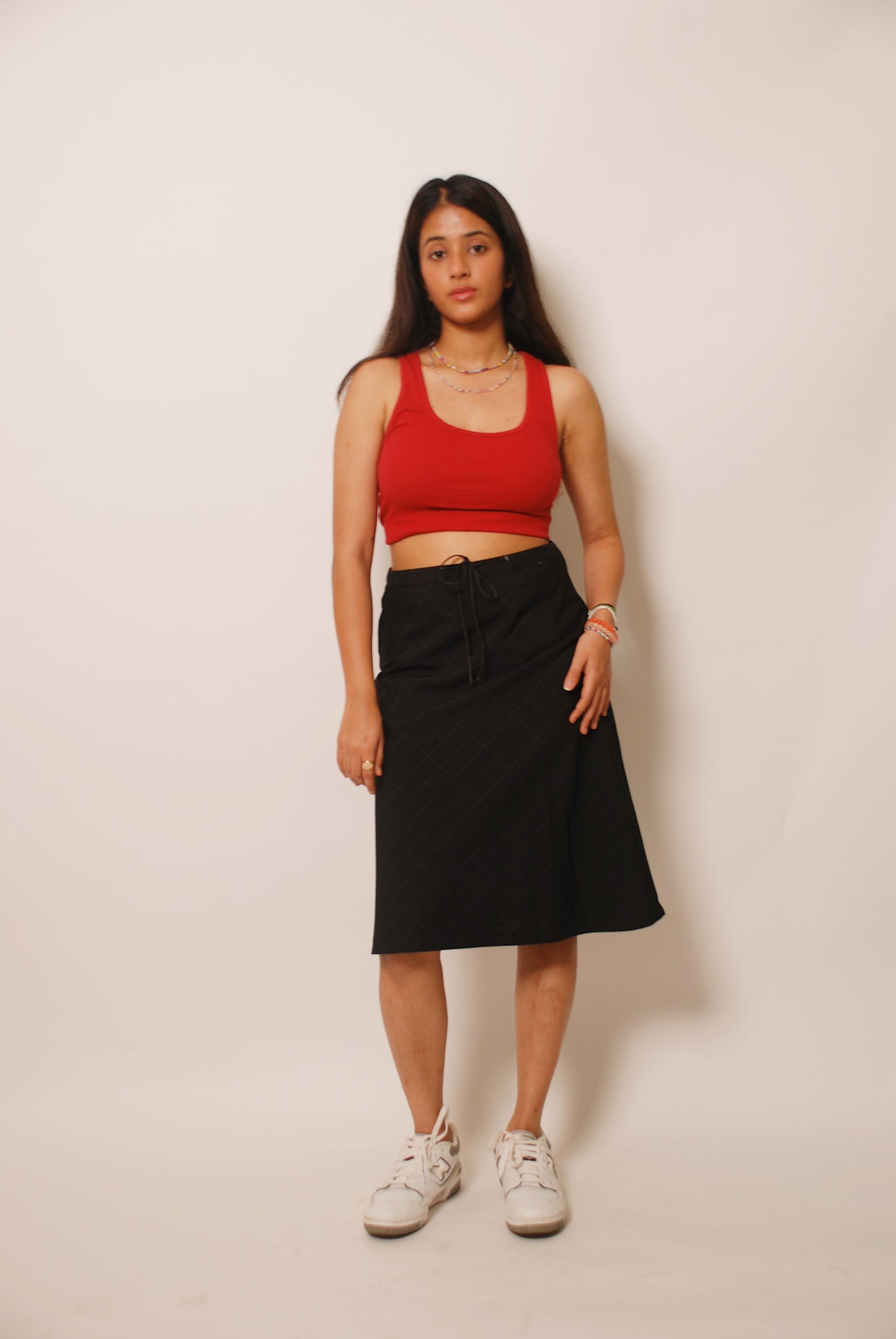 Black checkered A-line midi skirt