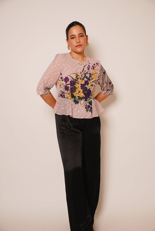 Lilac floral peplum top with ornamental buttons