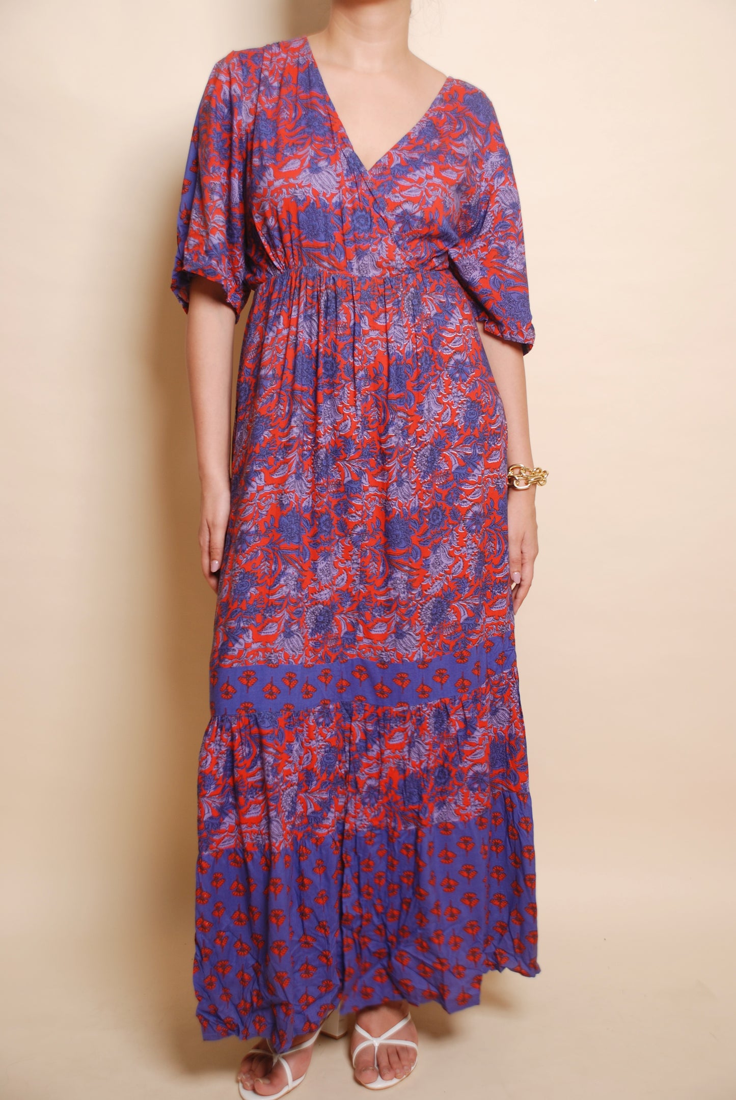 Blue & red floral maxi tiered dress