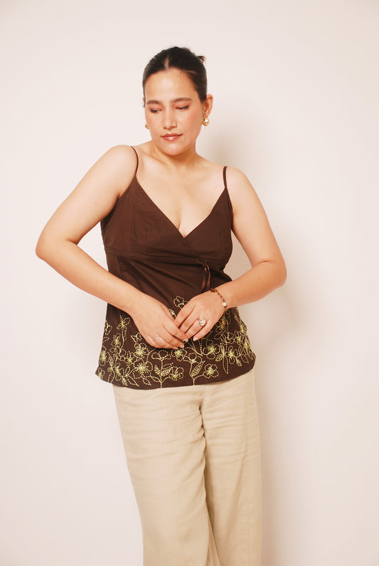 Brown spaghetti top with hand embroidered florals