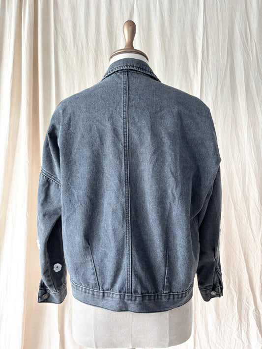 Black denim floral detail jacket