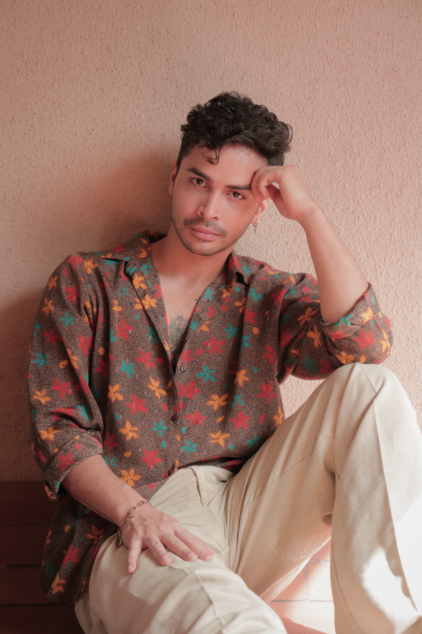 Brown printed button-up shirt
