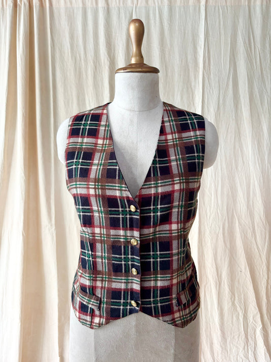Brown checks vest with ornamental buttons