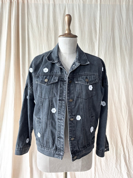 Black denim floral detail jacket