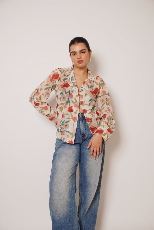 Off white floral shirt with pearl buttons