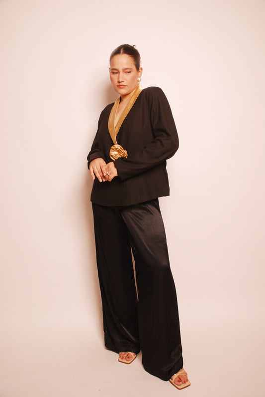 Vintage black blazer with gold satin lapel