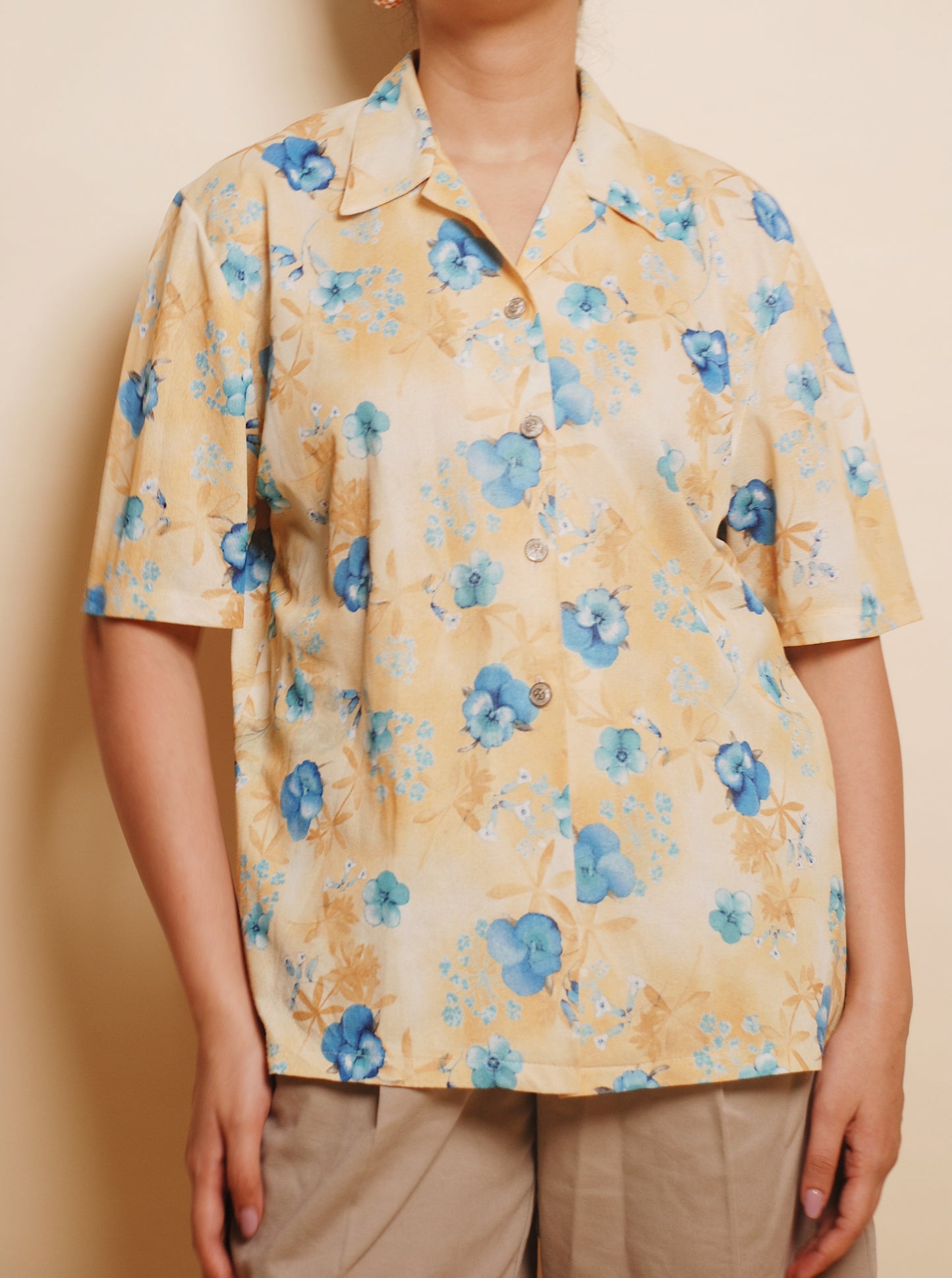 Light yellow & blue floral shirt