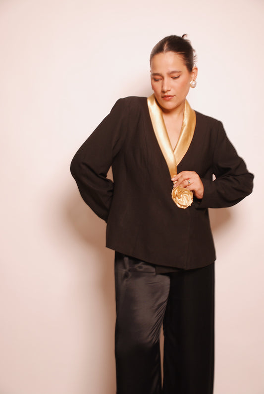 Vintage black blazer with gold satin lapel