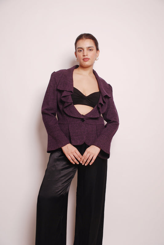 Vintage dark purple ruffled woven blazer