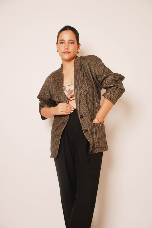 Vintage grey checkered blazer with puffed sleeves
