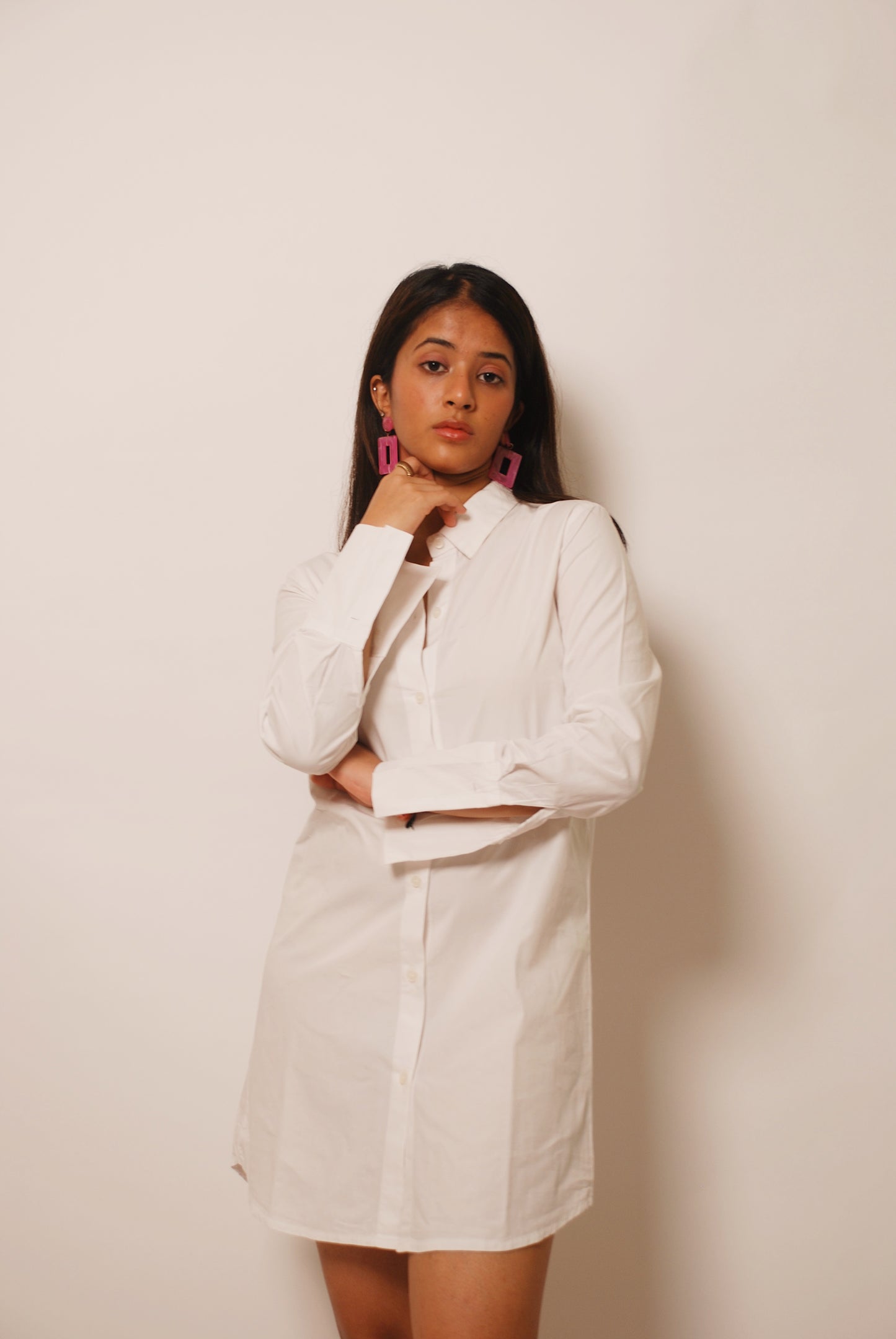 White solid cotton shirt dress