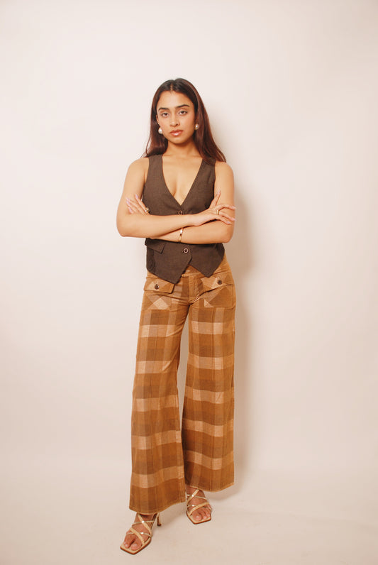 Brown checkered corduroy flared pants