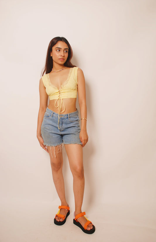 Lime yellow cotton top with lace detailing