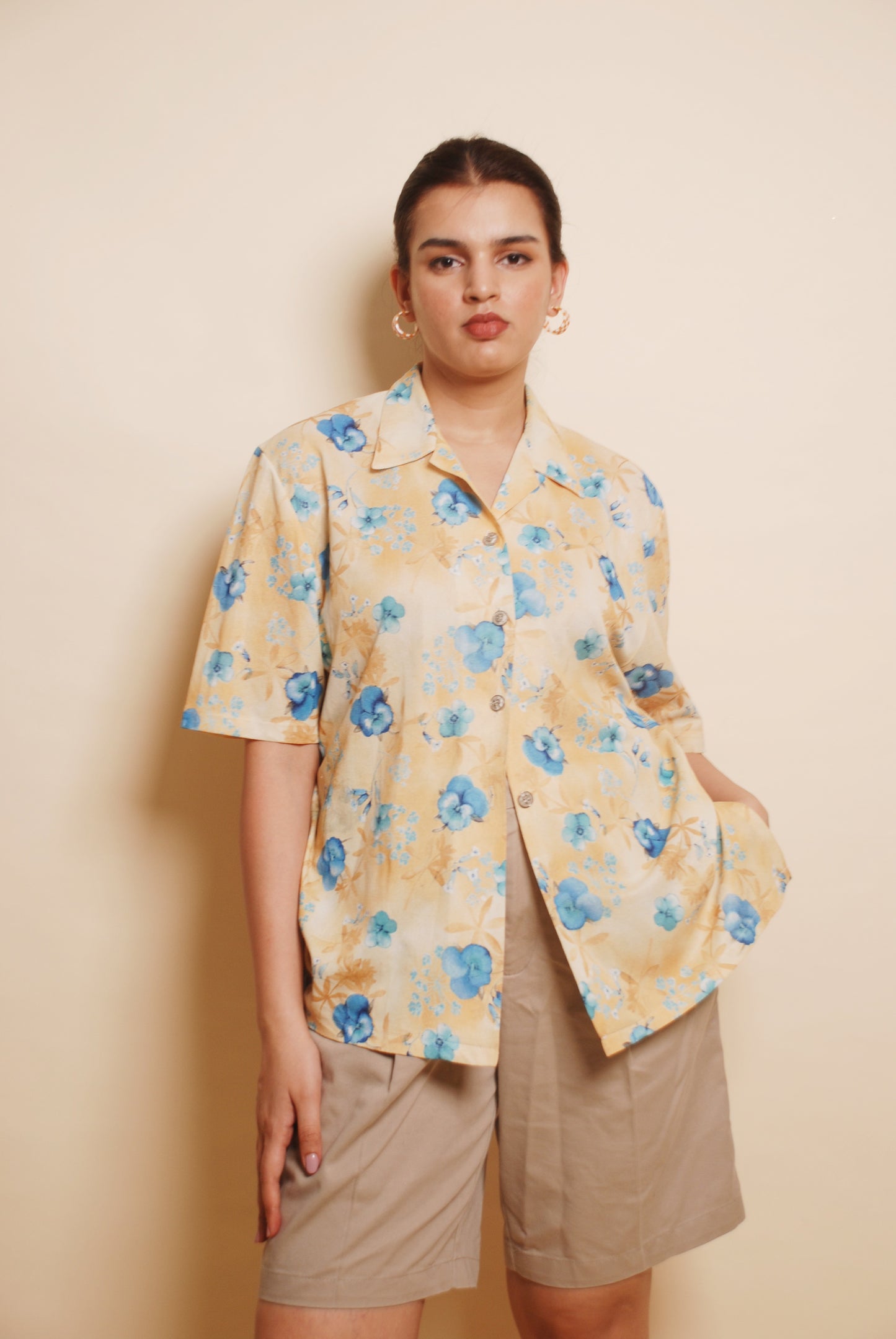Light yellow & blue floral shirt