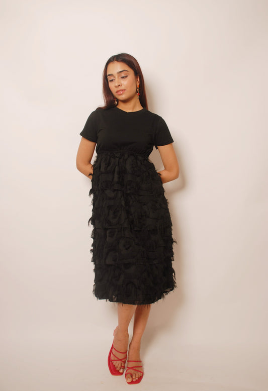 Vintage black t-shirt dress with faux feather detailing
