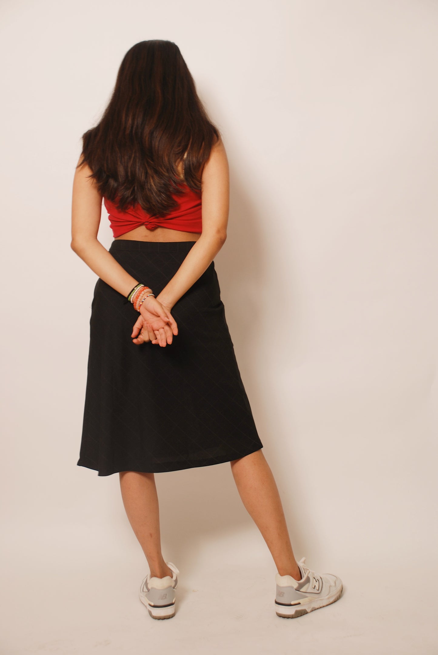 Black checkered A-line midi skirt