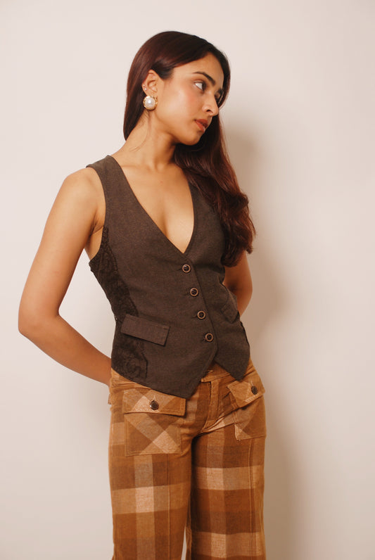 Vintage brown vest with lace detailing