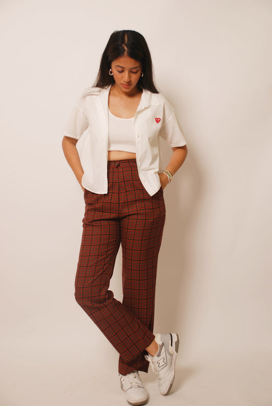 Maroon checkered straight fit pants