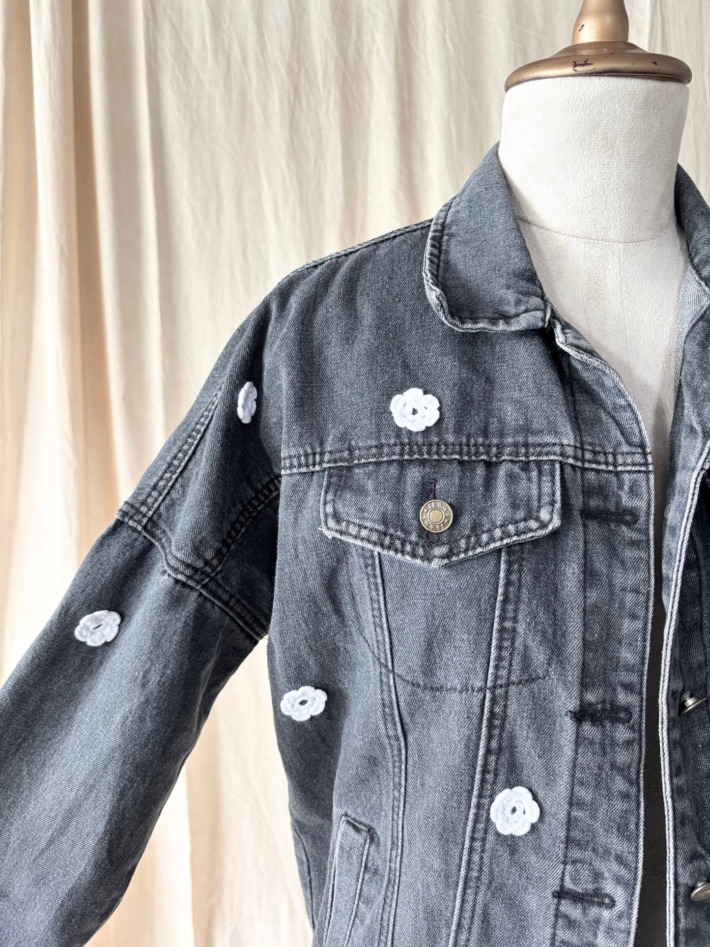 Black denim floral detail jacket