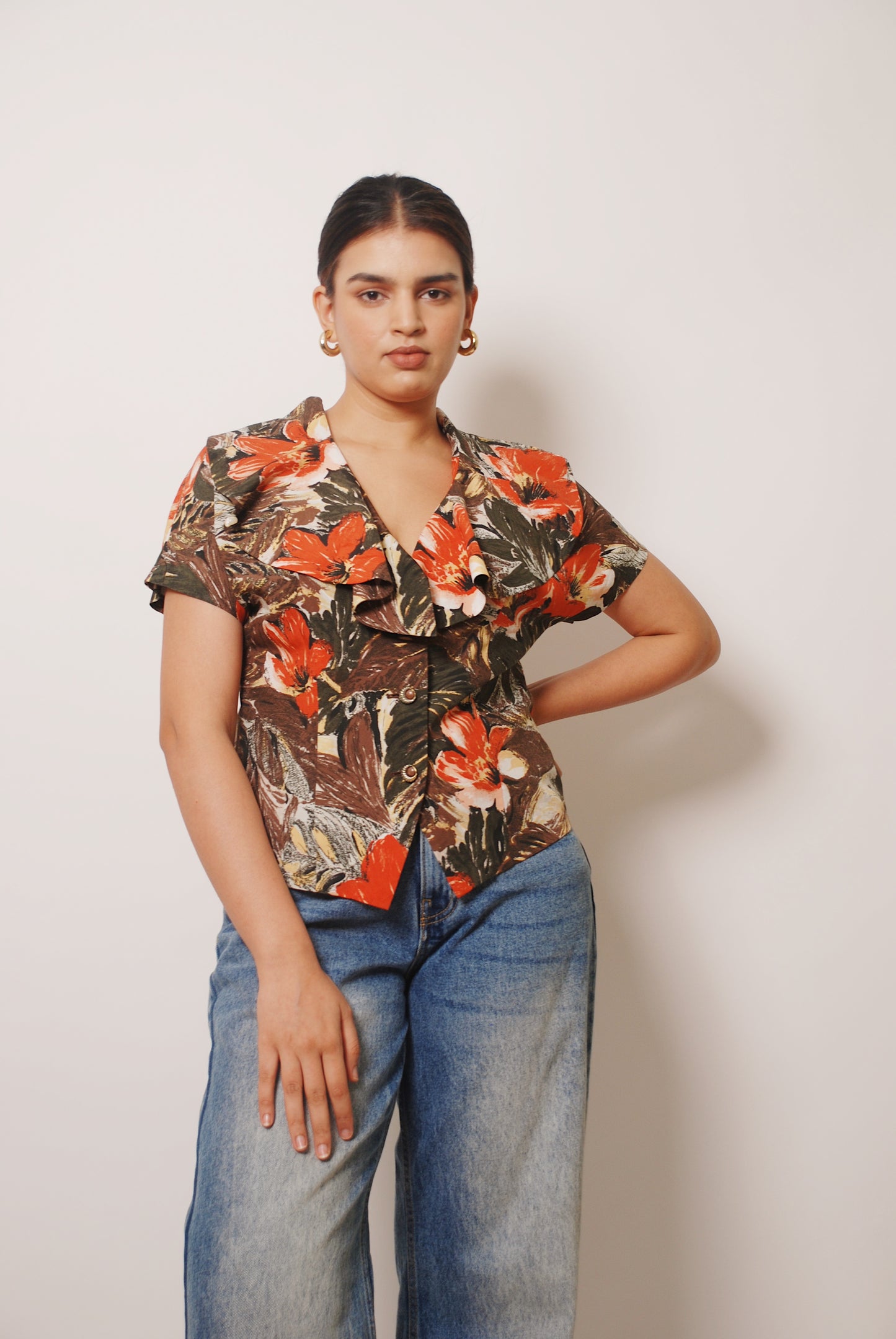 Multicolor floral top with ruffle detailing