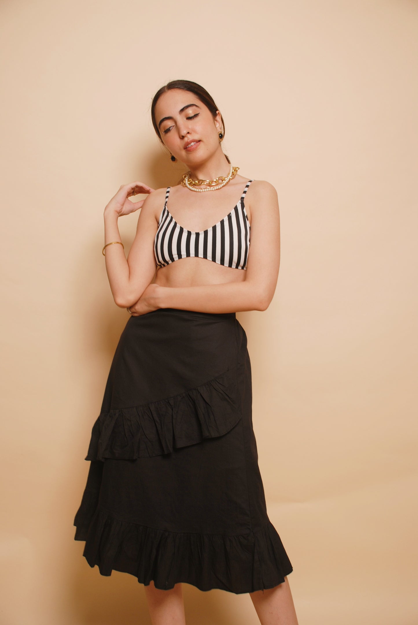 Black ruffled midi skirt