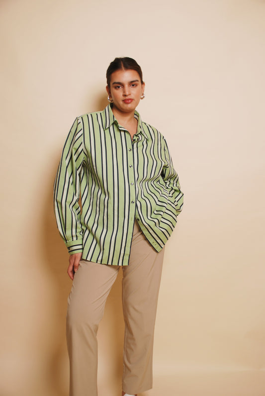 Light green & navy striped button-up shirt