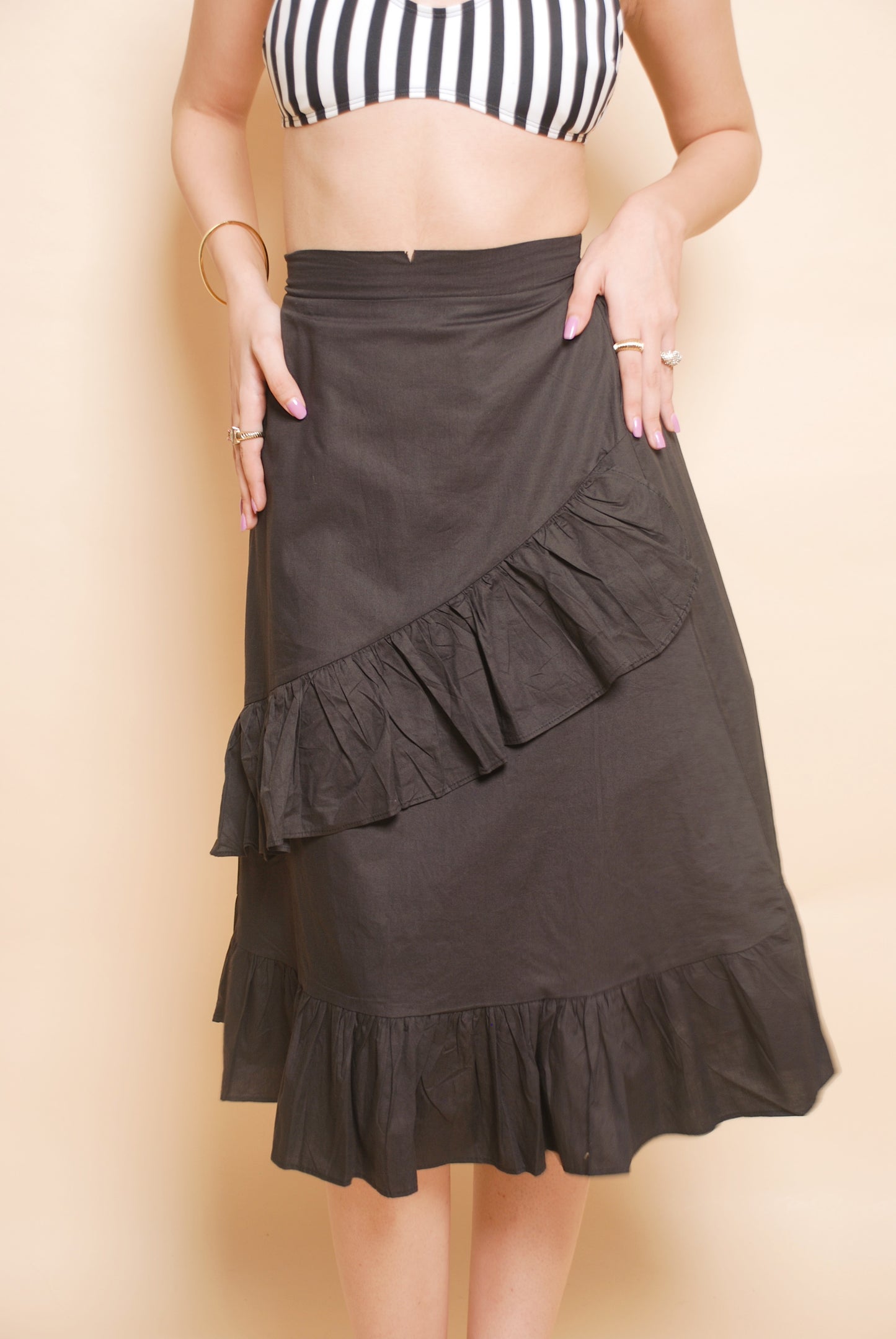 Black ruffled midi skirt