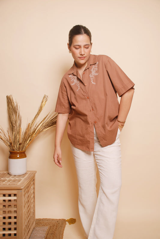 Brown Short Sleeve Embroidered Shirt