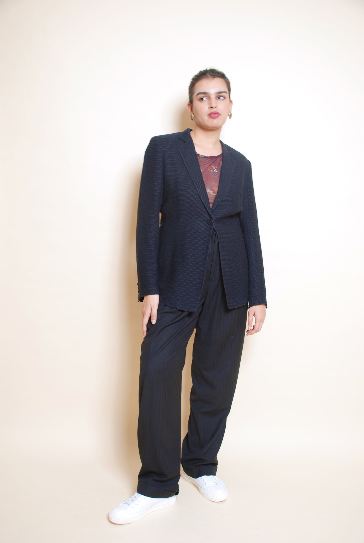 Black textured long blazer