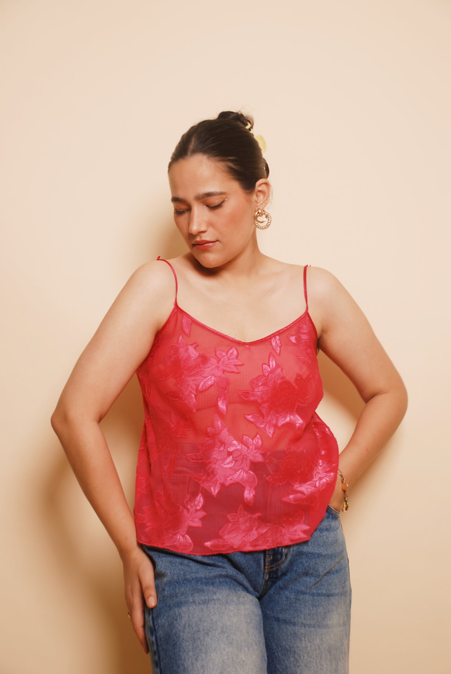 Pink floral spaghetti top