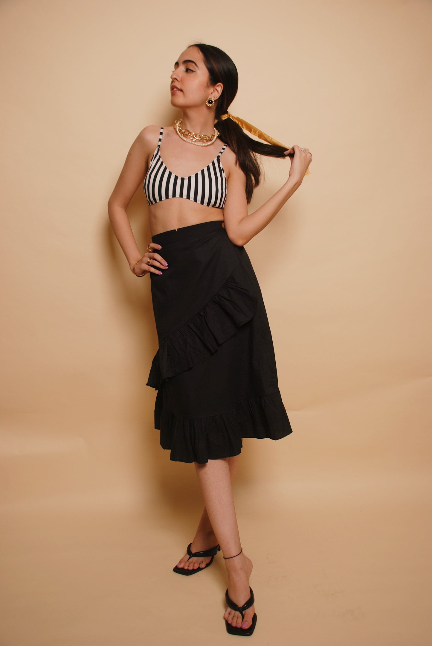 Black ruffled midi skirt