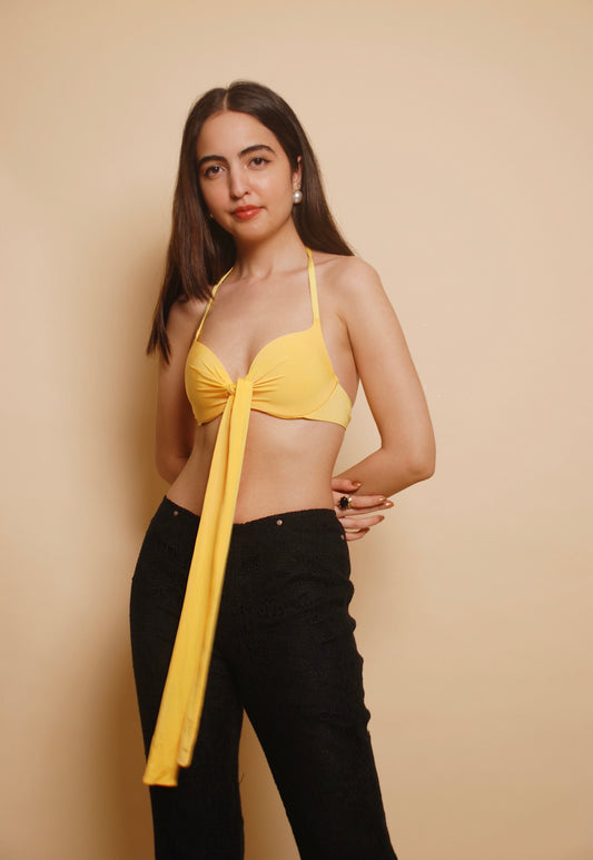 Bright yellow halter bikini top