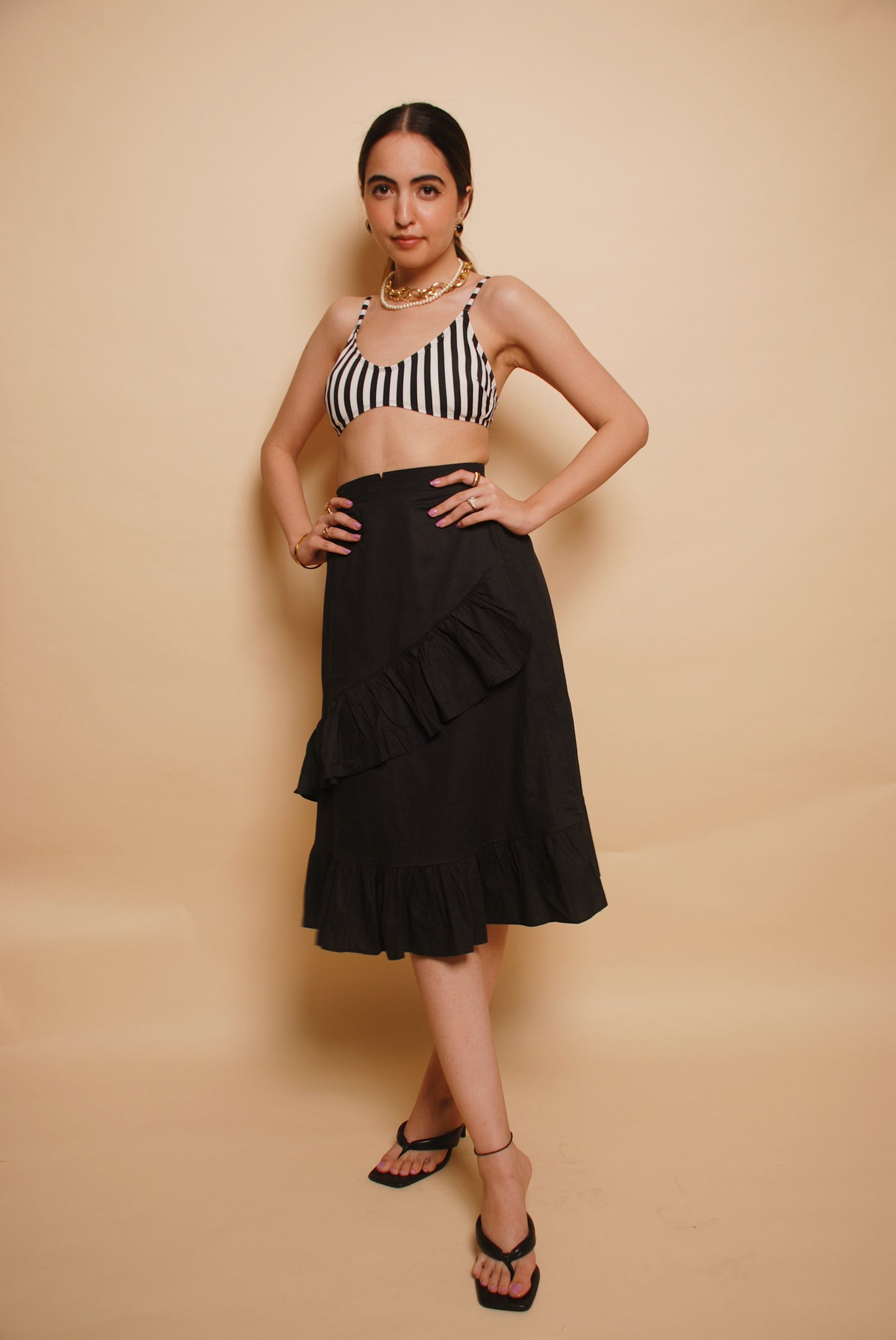 Black ruffled midi skirt
